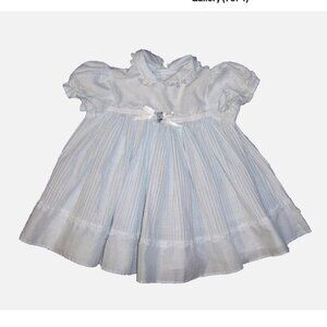 Vintage 80s Baby Girls Blue Pleated Dress with Ruffled Collar Bow Short Sleeves